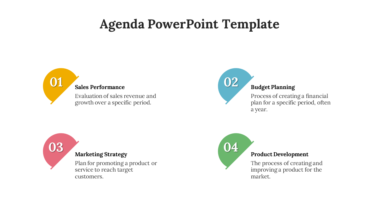 Agenda slide with four semicircular sections in yellow, blue, pink, and green, each with a number and brief description.