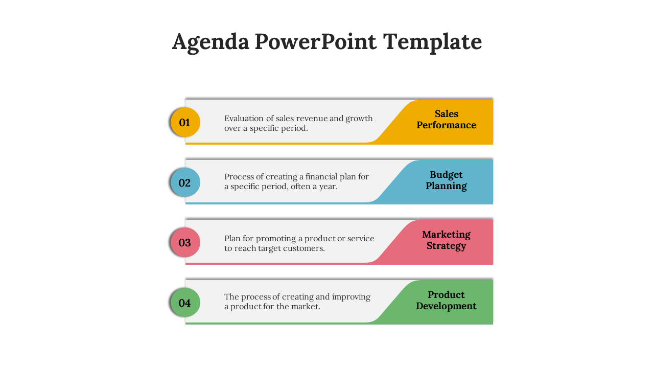 Agenda slide with four horizontal sections in yellow, blue, red, and green, each with a title and description.