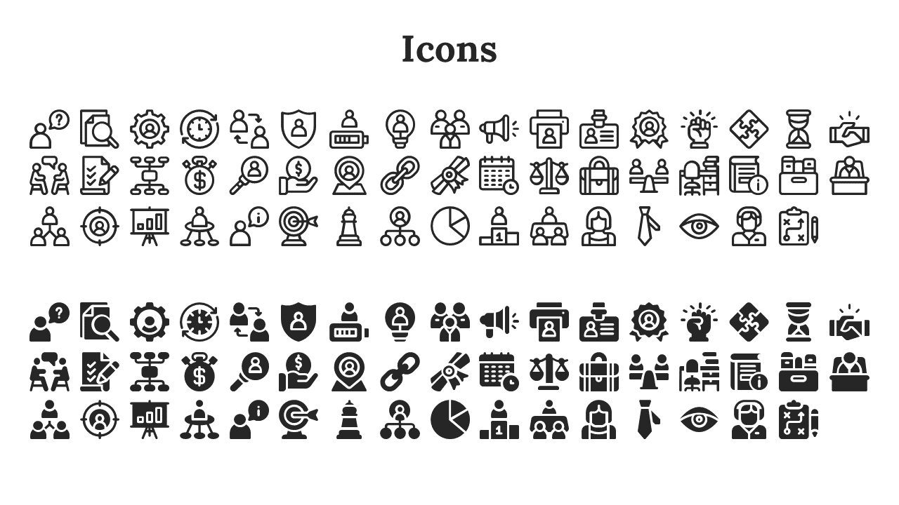 Set of black outline and filled icons in rows, featuring themes like teamwork, planning, leadership, and data analysis.