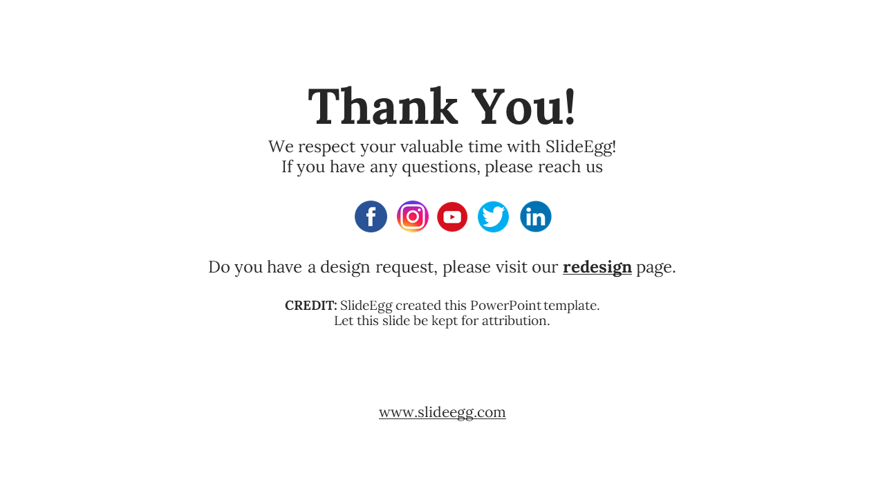 Minimalist white design with black text, colorful icons for social media, and a small clickable link at the bottom.