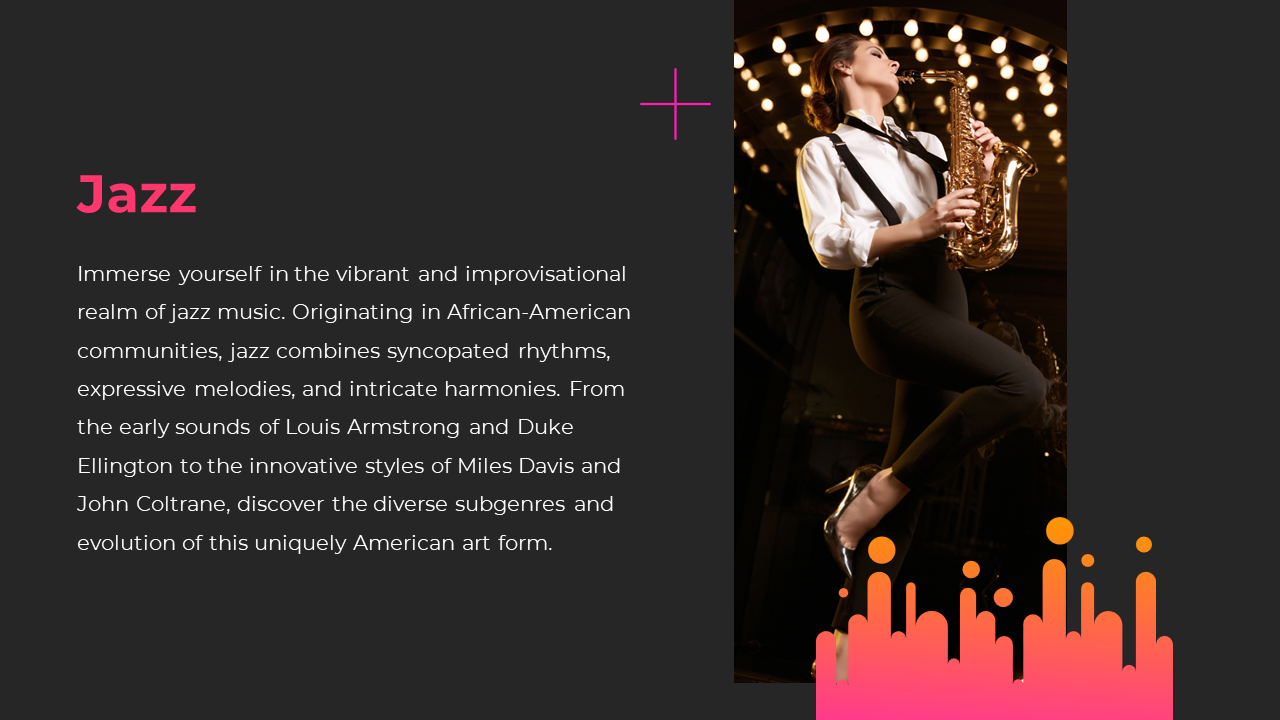 A woman playing a saxophone on stage, embodying the vibrant and improvisational spirit of jazz music on a dark backdrop.