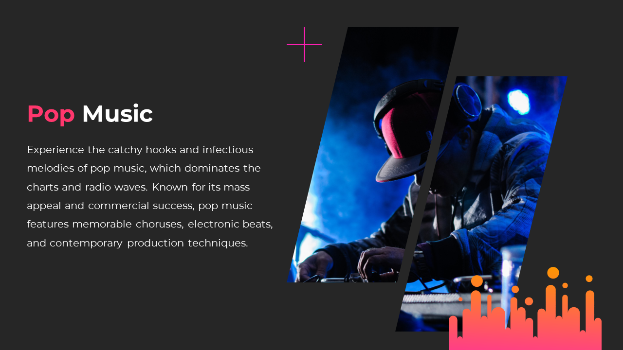 A DJ mixing music in a dark, neon lit environment, representing the energetic and catchy nature of pop music on a dark theme.