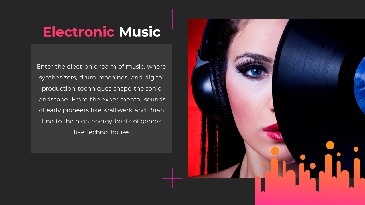 A close up of a woman with headphones, holding a vinyl record, reflecting the evolution of electronic music on a dark theme.