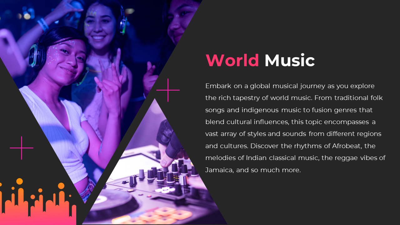 A joyful crowd at a silent disco, immersed in world music with headphones on, illustrates the blend of cultures and styles.