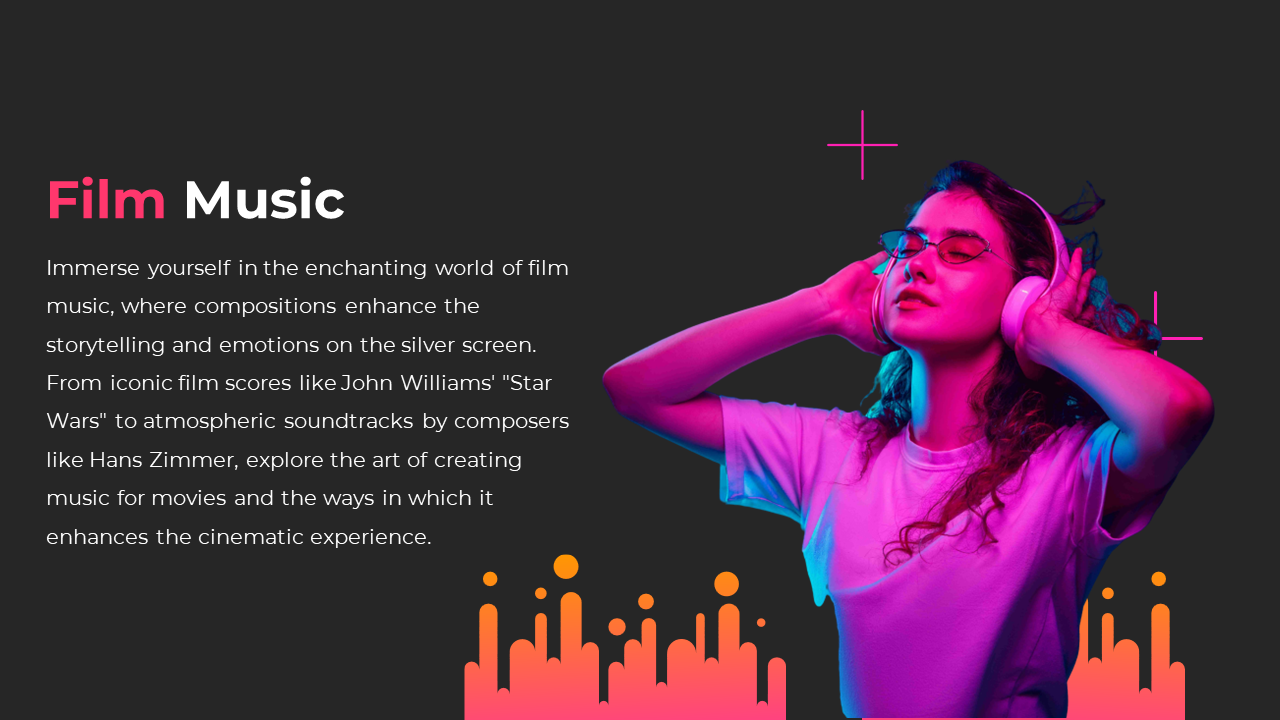 A woman enjoying music with headphones on represents the powerful effect of film music in enhancing the emotional experience.