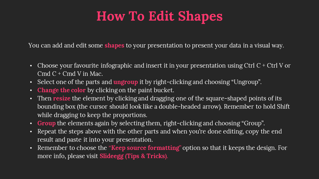 Instructions on editing shapes in PPT, explaining how to ungroup, resize, and recolor elements for custom presentations.