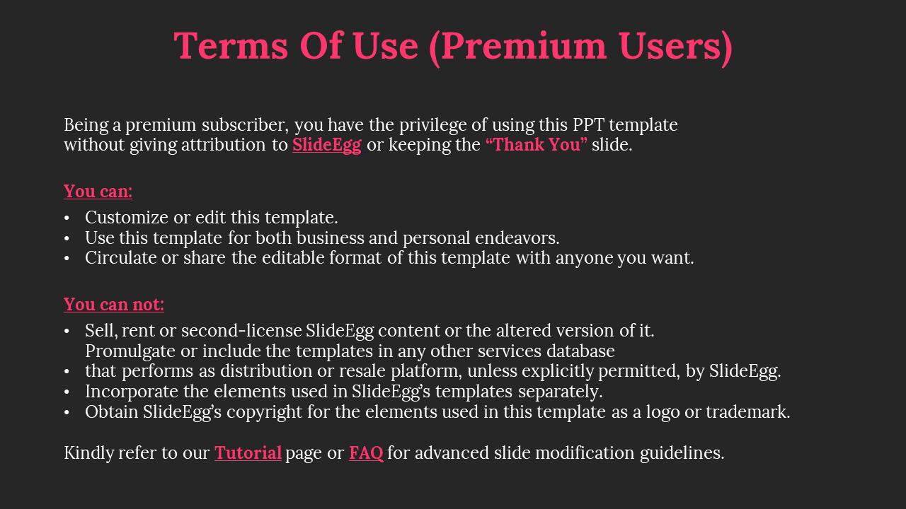 A set of instructions for premium SlideEgg users, providing guidelines on template use, customization, and distribution.