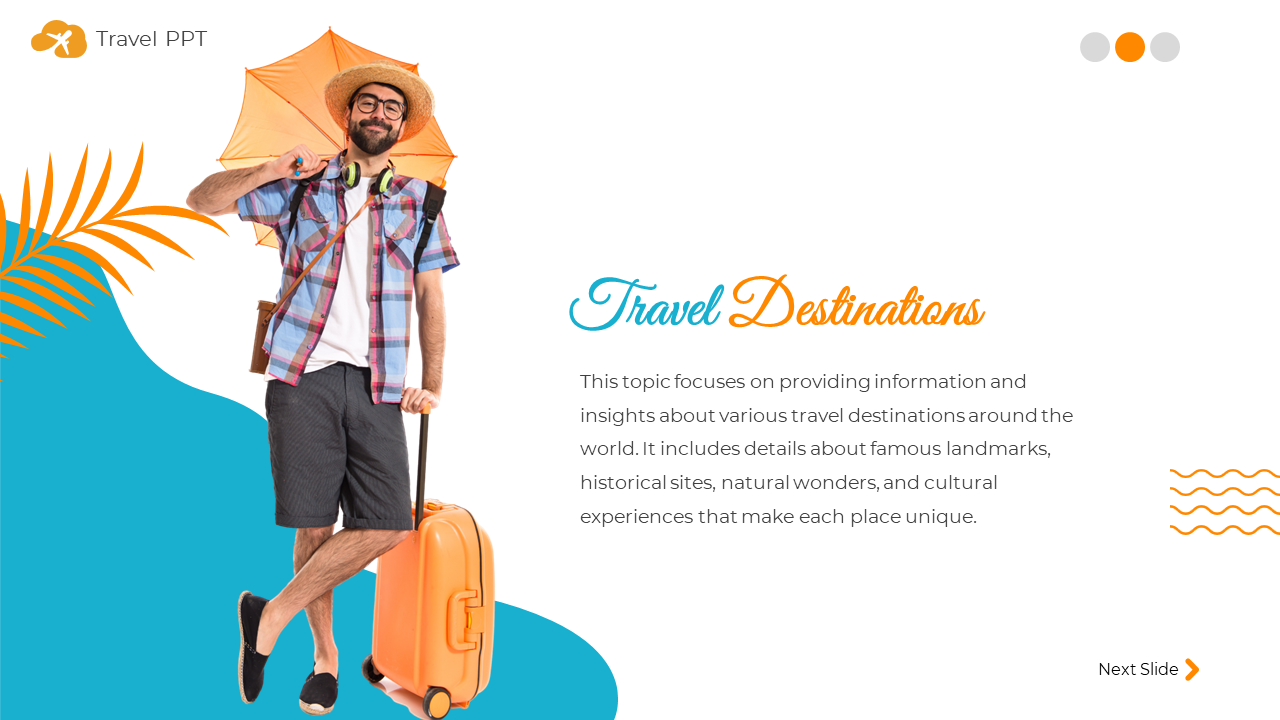 Travel slide with a man carrying an orange suitcase and holding an umbrella, on a white background with blue curved sections.