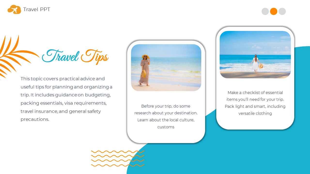 Travel slide with two photos of women on the beach and text, on a white backdrop, with orange and blue curved accents.