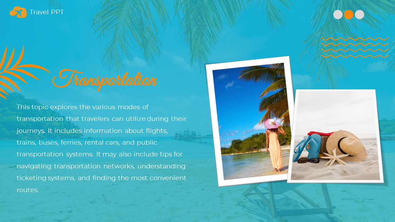 Travel slide with a vibrant beach background, showcasing two photos of a traveler walking and beach items, in warm tones.