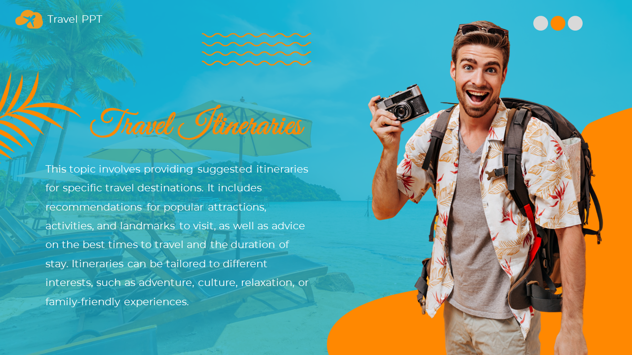 Travel slide featuring a man with a camera and backpack on a tropical beach background, with orange accents.