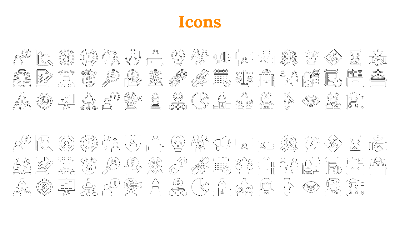 Grid of black and white icons, illustrating various business concepts, in outlined and solid styles.