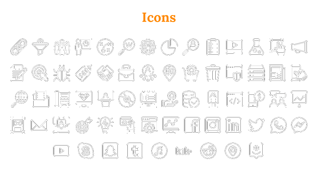 Slide with a variety of black and white icons such as social media logos, file icons, and business tools arranged in a grid.