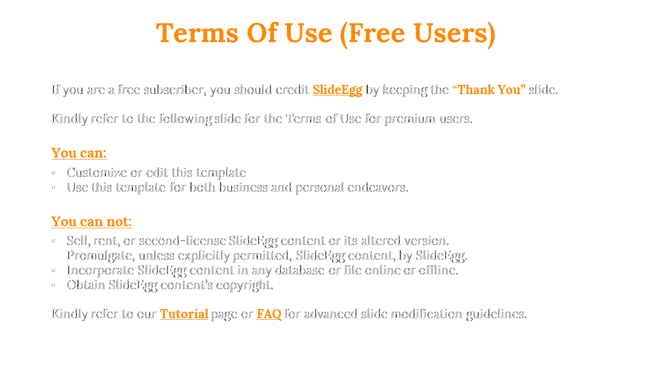 Slide with orange text detailing terms of use for free users, listing what they can and cannot do with the template.