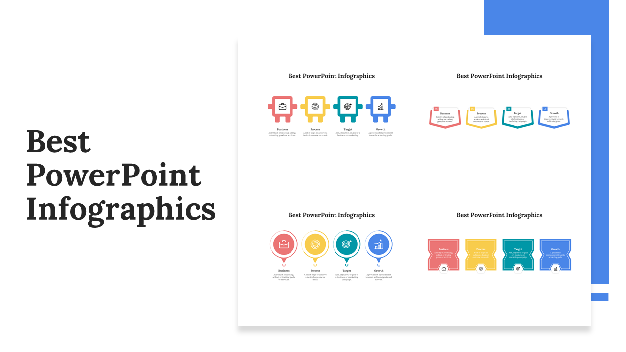 Slide featuring four sets of infographics with icons and labels in red, yellow, teal, and blue, displayed in two rows.