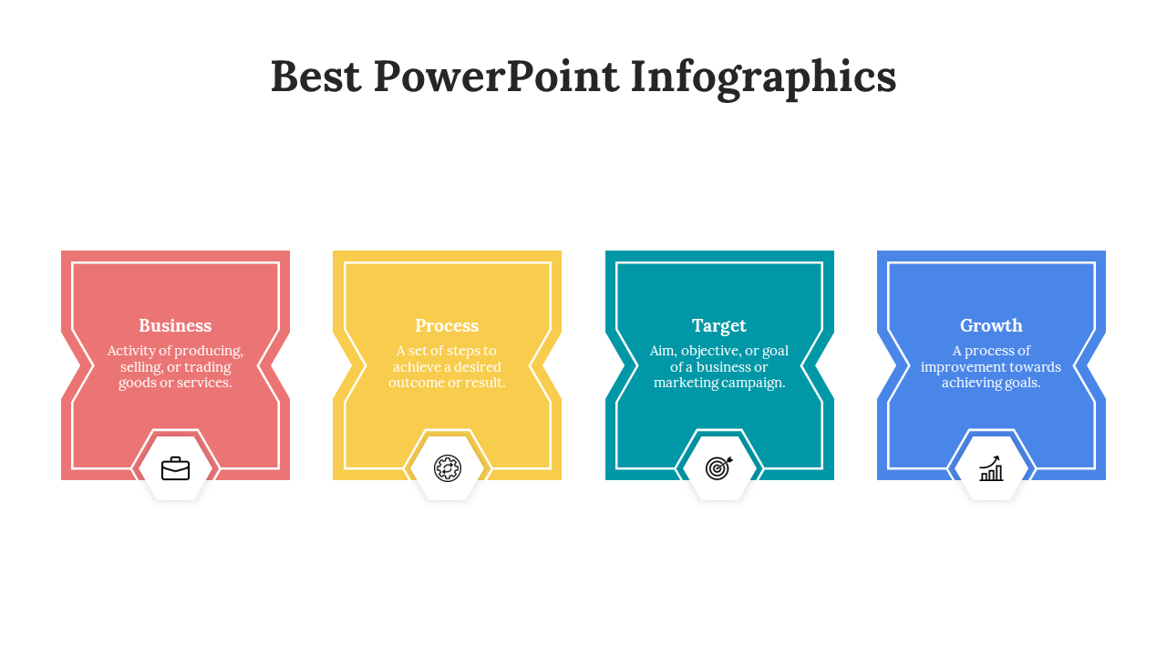 Slide featuring four icons inside hexagonal labels in red, yellow, teal, and blue shapes, each explaining a business concept.