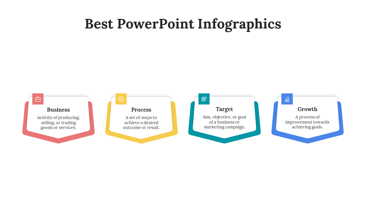 Slide with four colorful labels in red, yellow, teal, and blue, each containing an icon representing business concepts.
