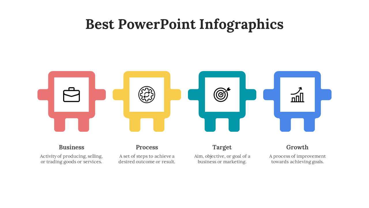 Infographic with four squares in red, yellow, teal, and blue, each illustrating a different business related concept.