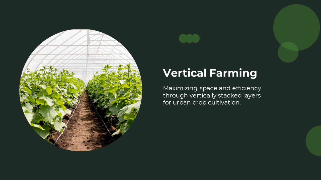 Green themed slide featuring a greenhouse with rows of crops, illustrating the concept of vertical farming.