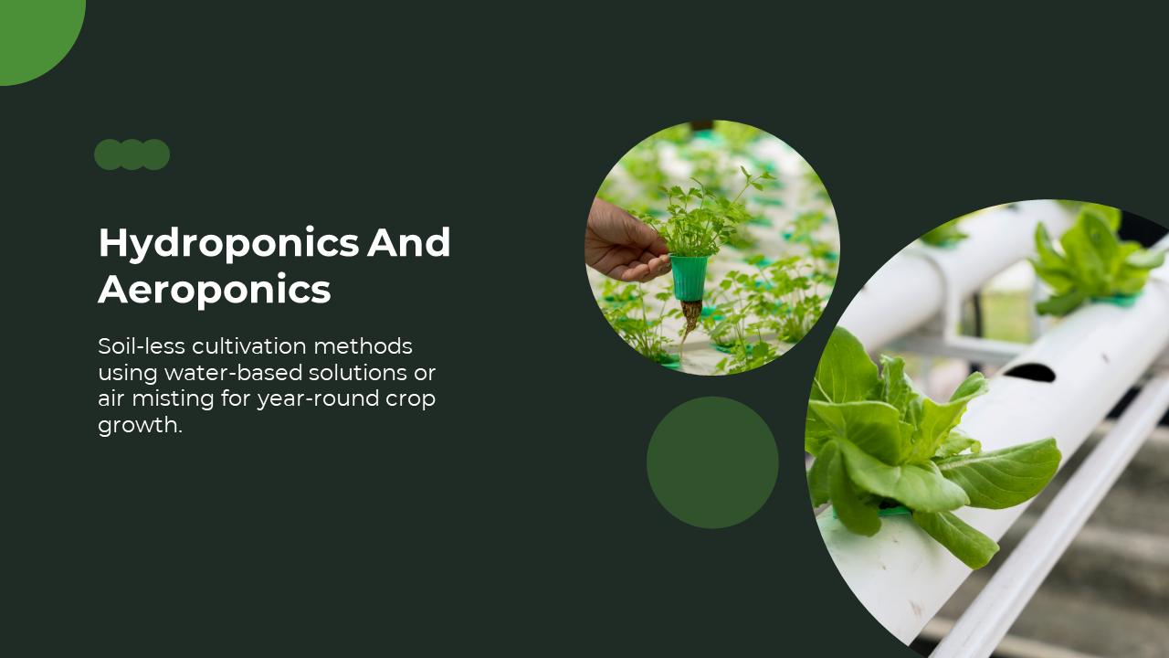 Dark green slide featuring cultivation methods like hydroponics and aeroponics, with images of plants growing in tubes.