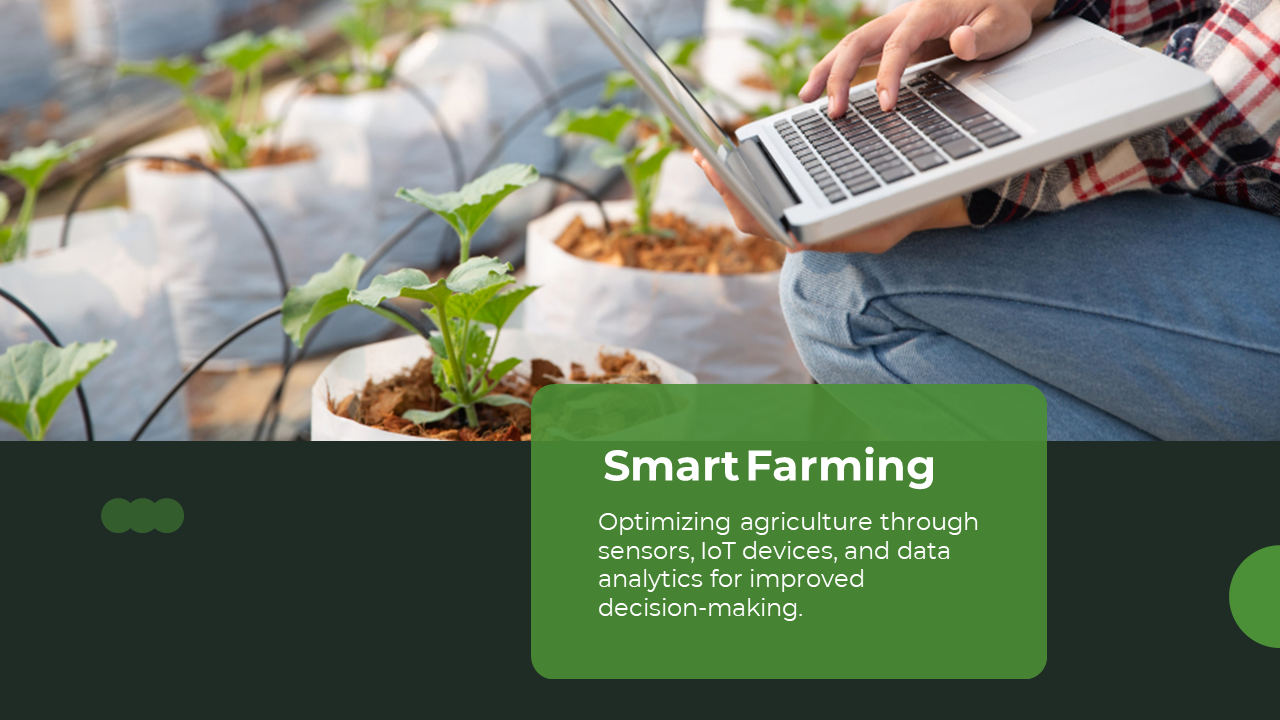Slide with a person using a laptop in a greenhouse setting, surrounded by plants, and a green text box.