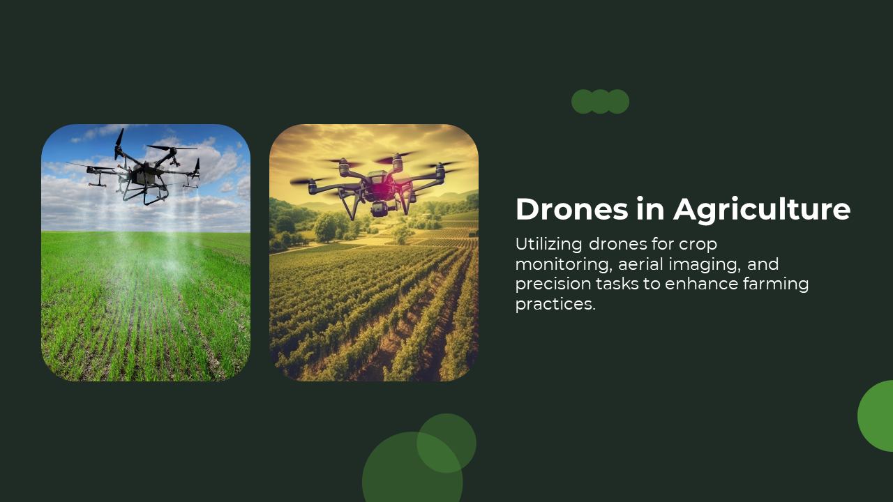 Dark green slide with two images of drones flying over agricultural fields, enhancing farming through monitoring and imaging.