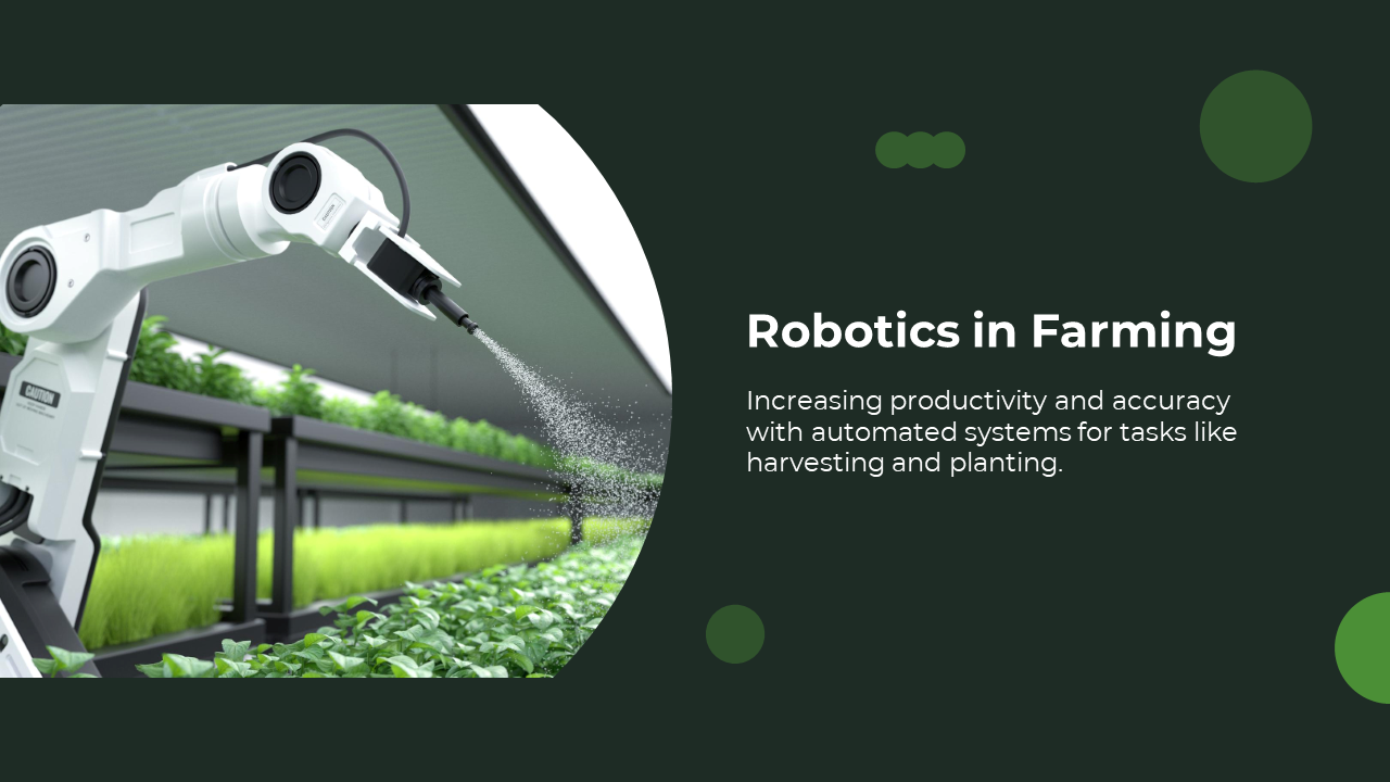 Dark green slide featuring a robotic arm spraying plants in a farm setting, highlighting robotics in farming.