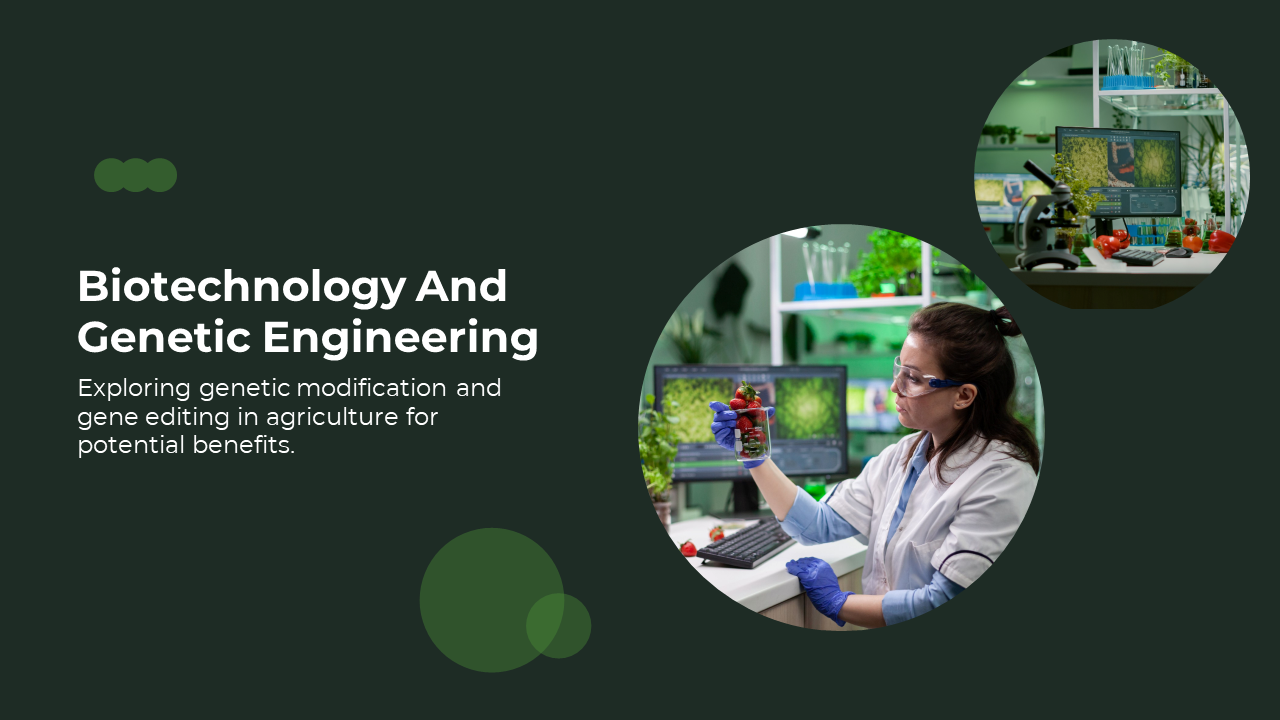 Dark green slide with circular elements, featuring a lab setting and a scientist working with plants and technology.