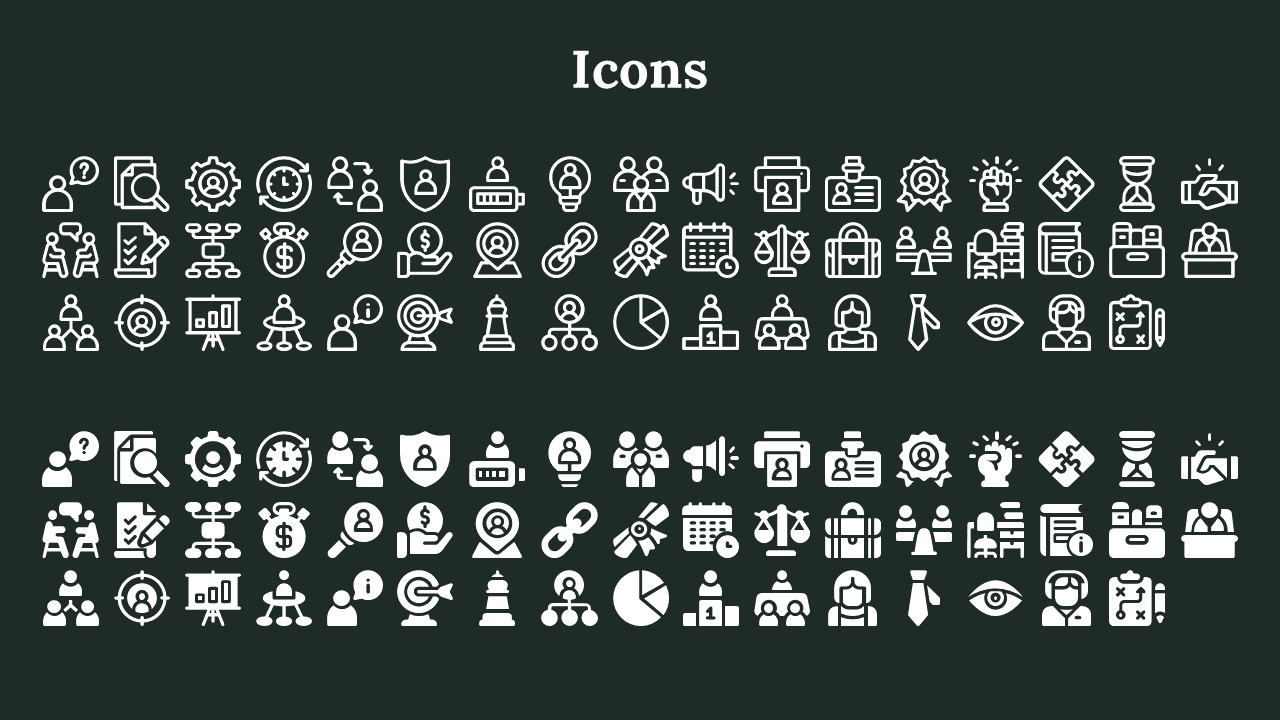 Variety of white outlined and filled icons arranged in rows on a green background, featuring security, and teamwork symbols.