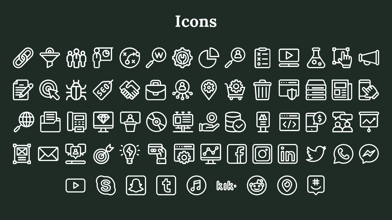 Slide with a variety of white outline icons of social media, technology, and business symbols, on a dark green backdrop.