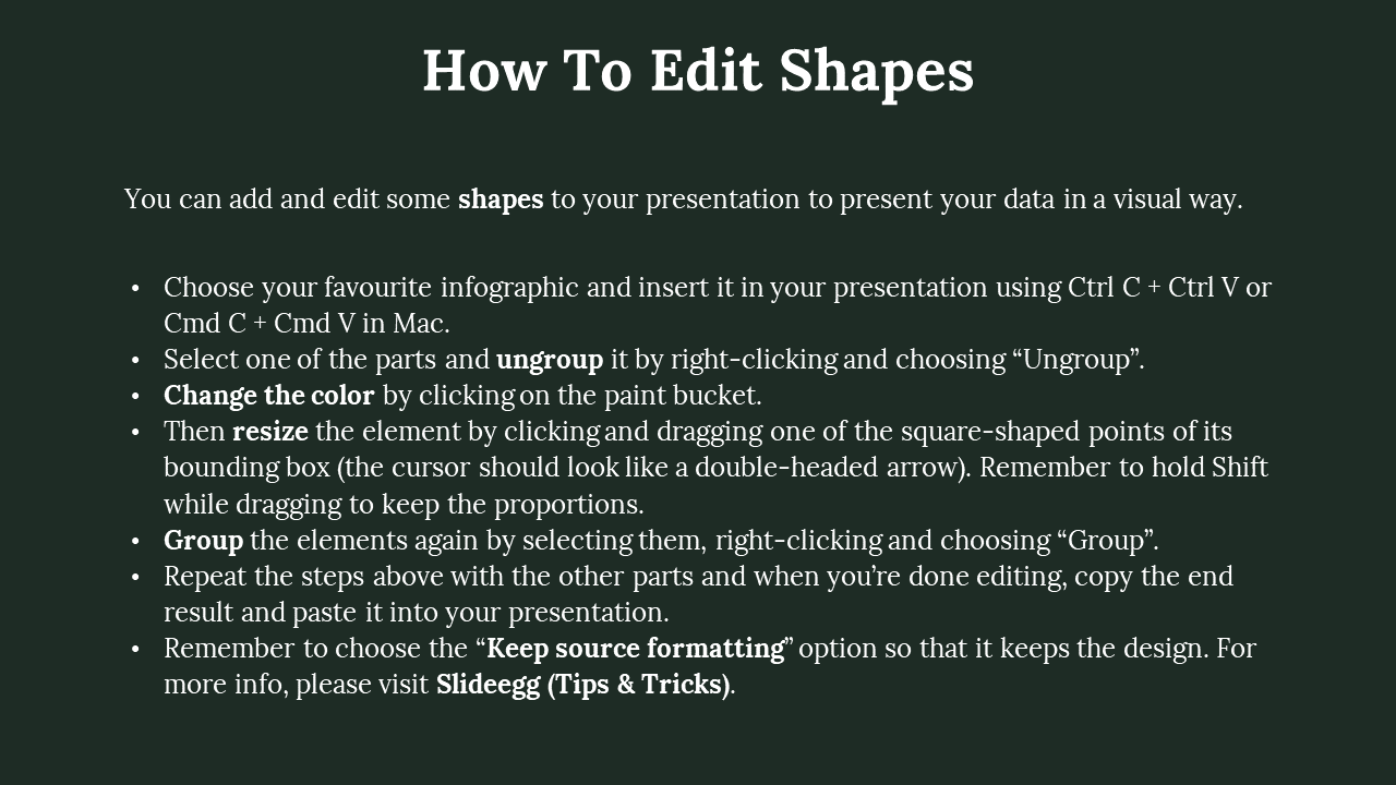 Dark green slide with detailed steps on editing shapes in a PowerPoint, including resizing and color changes.
