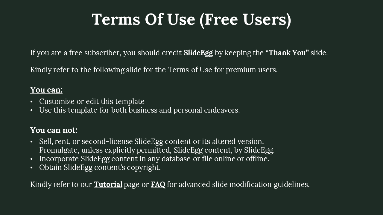 Dark green themed slide outlining what free users can and cannot do with SlideEgg templates.
