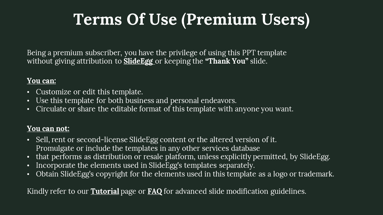 Dark green slide with terms of use for premium users, detailing customization rights and restrictions.