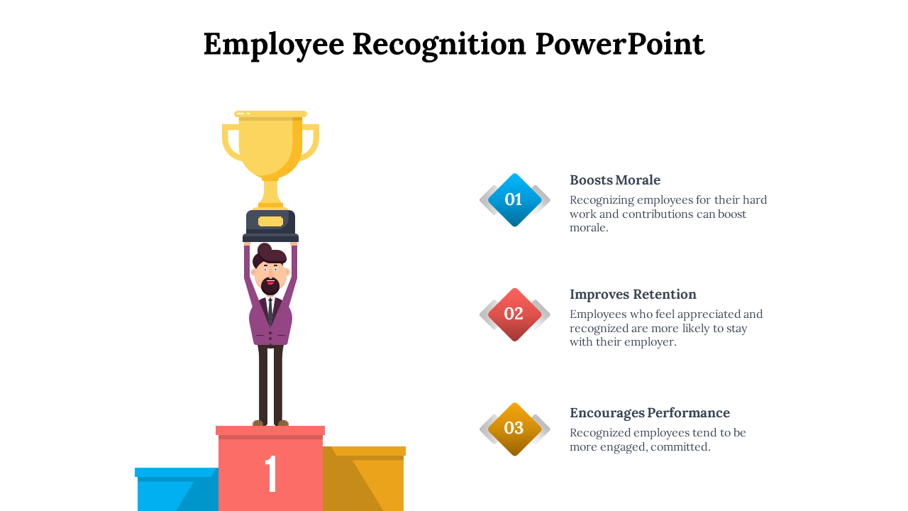 Illustrated slide with a character holding a trophy atop a podium, and three numbered icons in blue, red, and yellow.