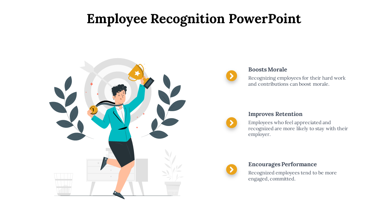 Illustrated slide with a woman holding a trophy in celebration, paired with three yellow bullet points on the right.