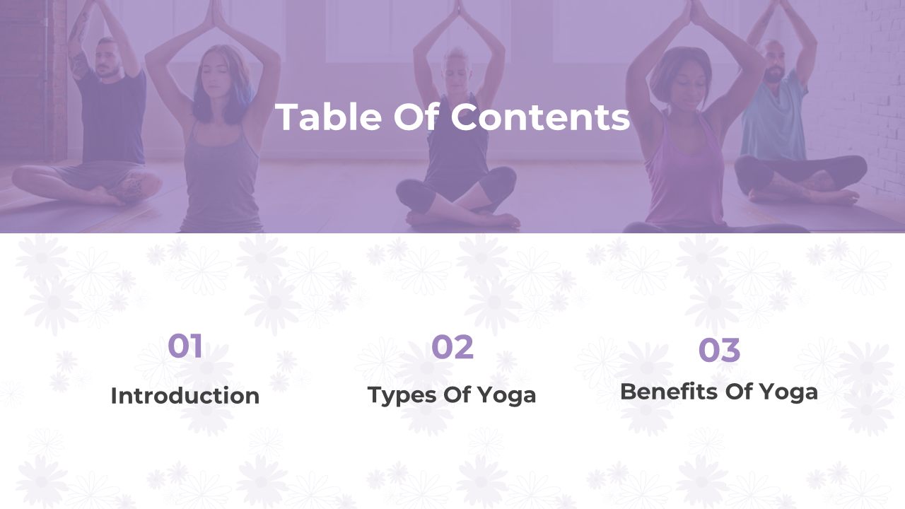 Table of contents slide listing three topics with a yoga class background on a split purple and white theme.