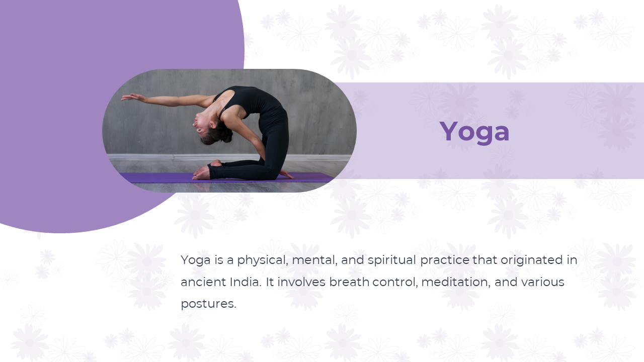 Yoga slide featuring a woman performing a backbend pose on a yoga mat with a soft purple floral background.