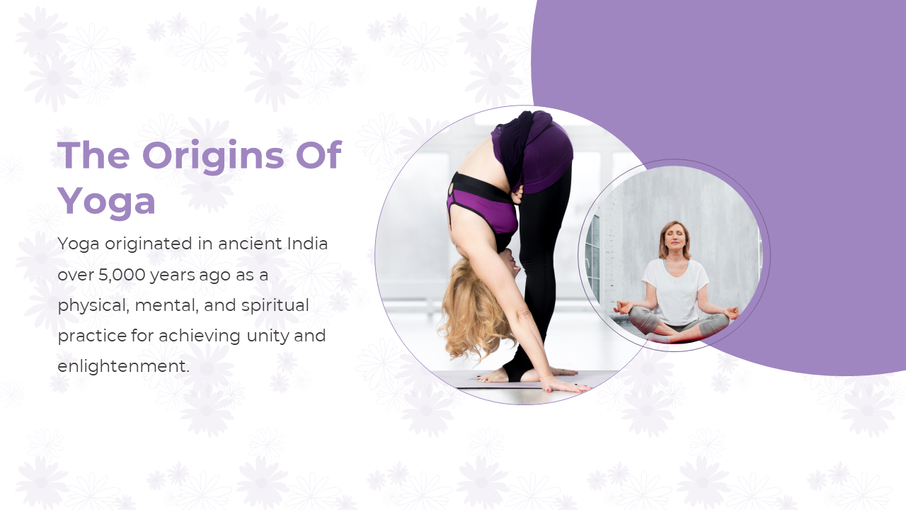 Yoga themed slide showing one woman performing a forward bend pose and another sitting in a meditative pose, with text.