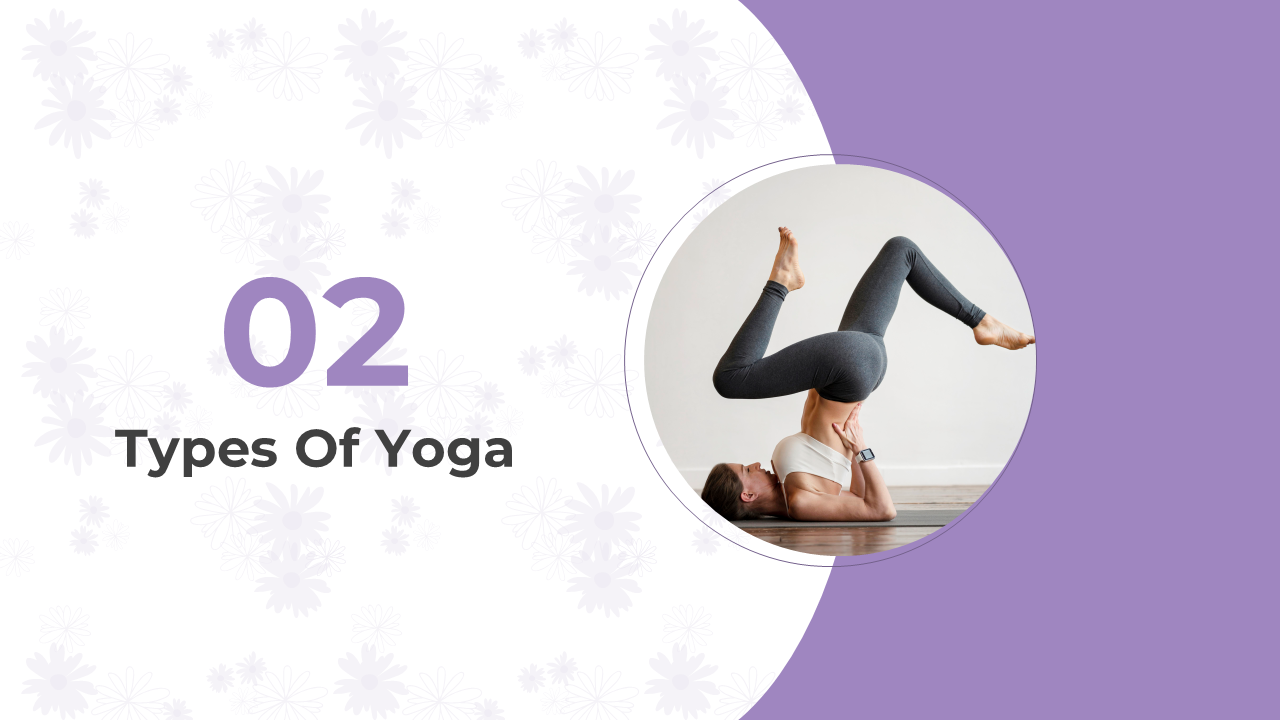 Types of yoga slide showing a person practicing an advanced yoga pose, with the focus on different types to be discussed.