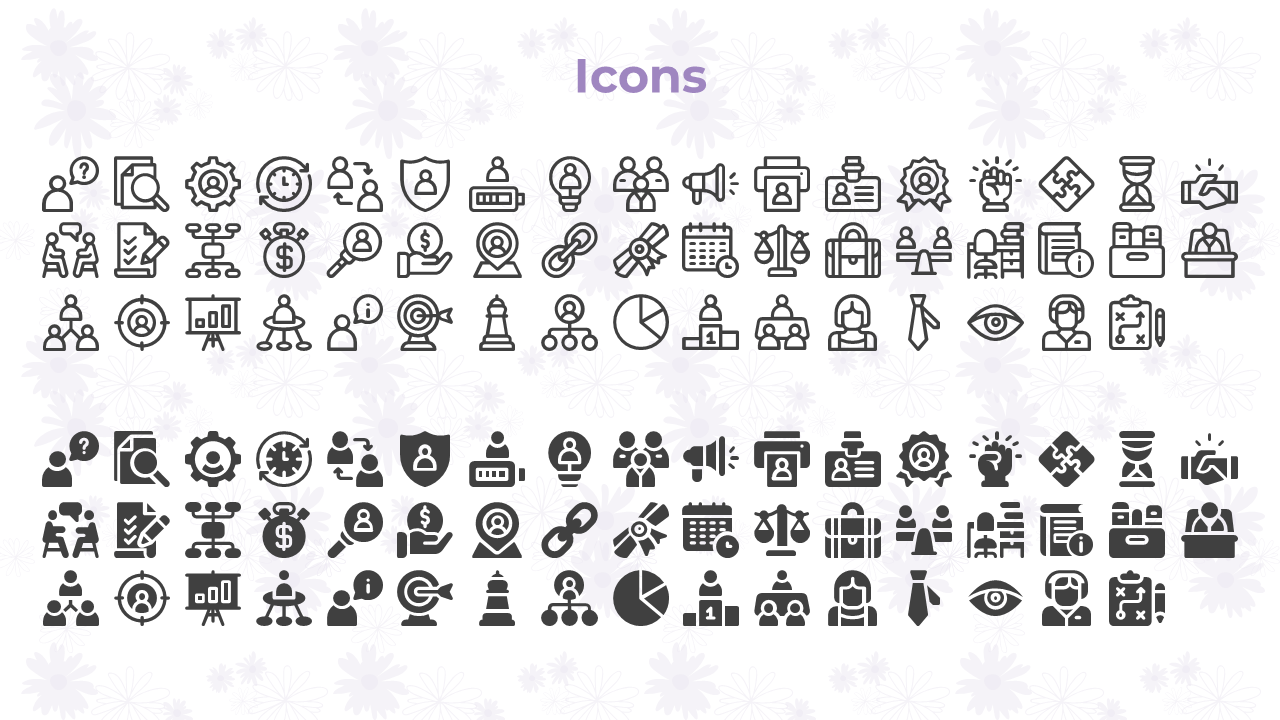 A collection of various business and technology related icons, including people, gears, money, charts, and legal symbols.