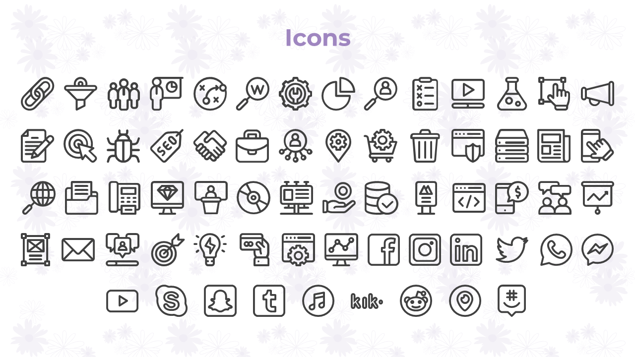 Collection of business and technology related icons, such as communication tools, SEO, e commerce and social media platforms.