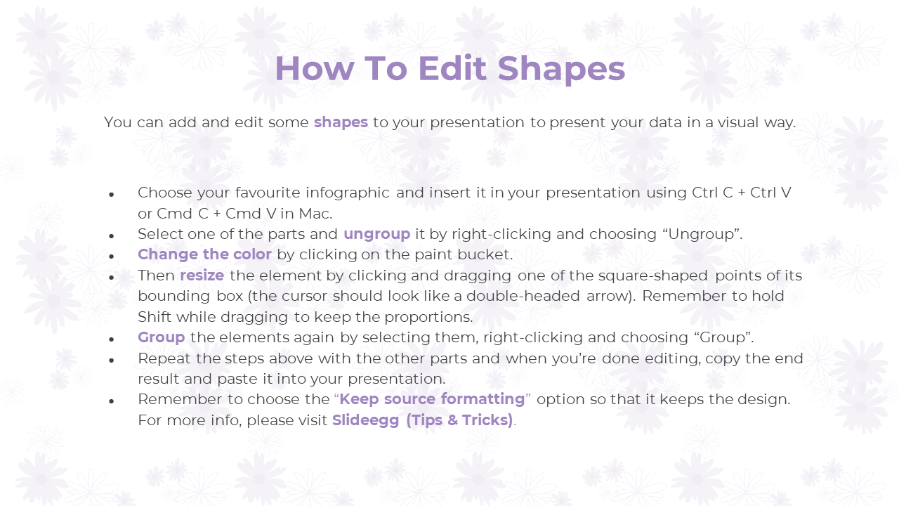A guide on editing shapes in presentations, providing steps to ungroup, resize, change color, and group elements again.