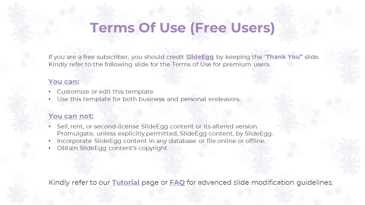 Terms of Use slide with instructions for free users to credit SlideEgg, including what is allowed and not allowed.