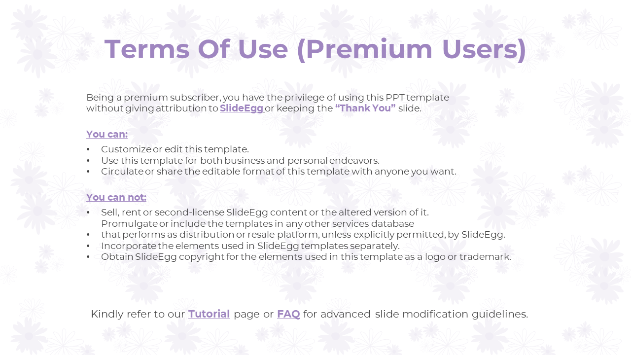 Terms of Use slide for premium users of SlideEgg, detailing rights to customize, share, and distribute templates.