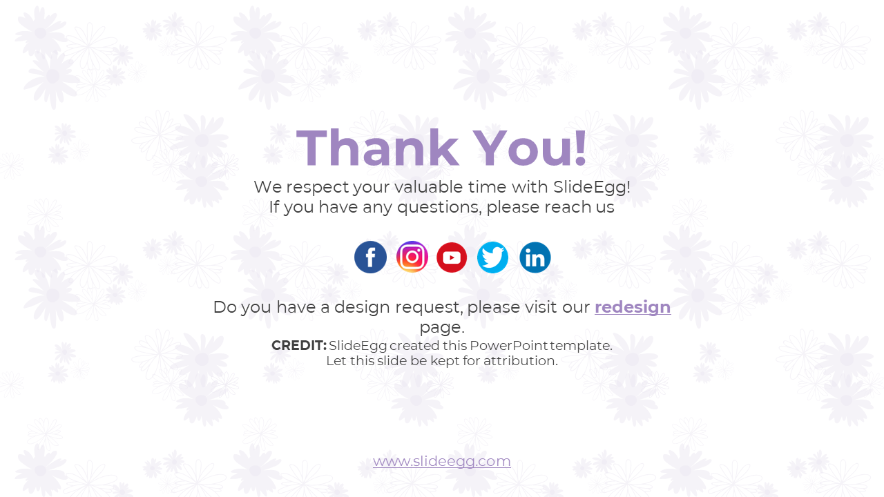 Thank You slide from SlideEgg, showing contact details, social media icons, and a credit note for template attribution.