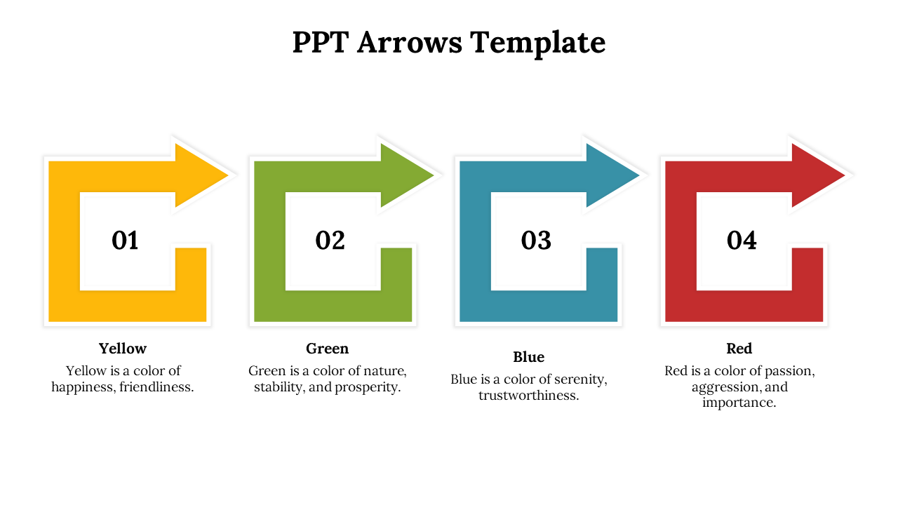 Illustrated slide with four square arrows in yellow, green, blue, and red, each with a numbered label inside the box.