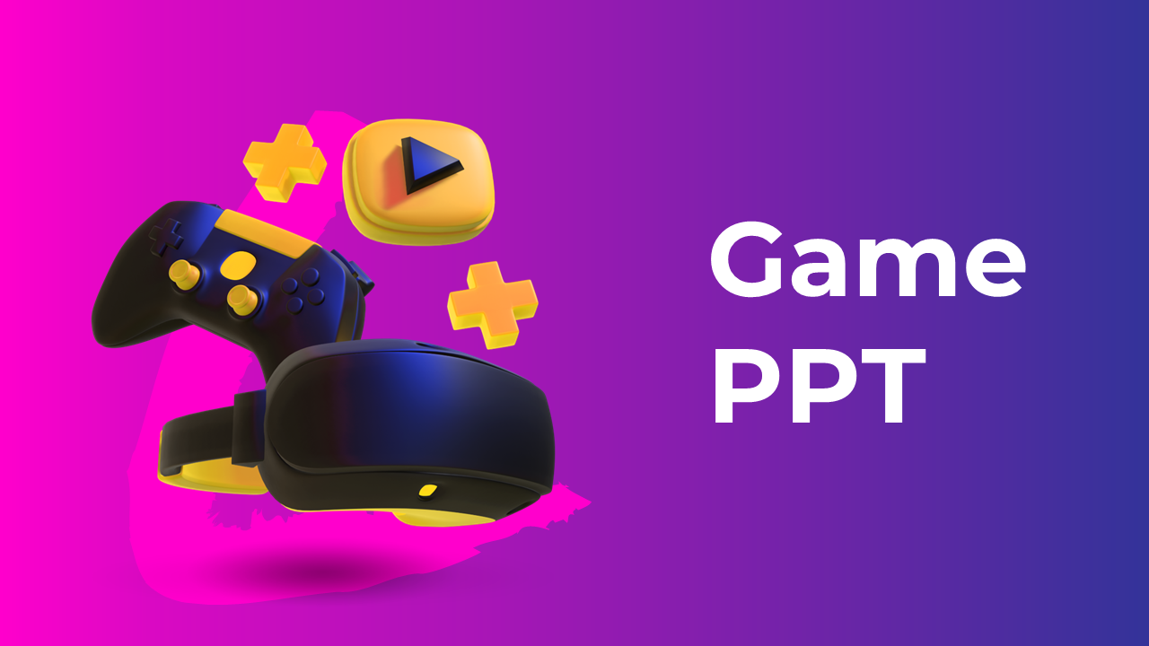 Colorful gaming scene with a controller, VR headset, and icons, set against a gradient purple backdrop, with bold white text.