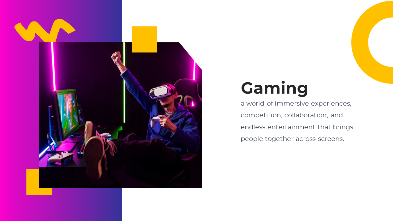 A person wearing a VR headset celebrating, with a gaming setup and neon lights, with purple, yellow, and blue accents.