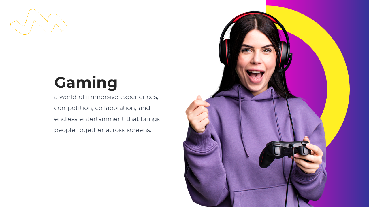 Smiling woman in a purple hoodie holding a game controller, with headphones, on a vibrant purple and yellow background.