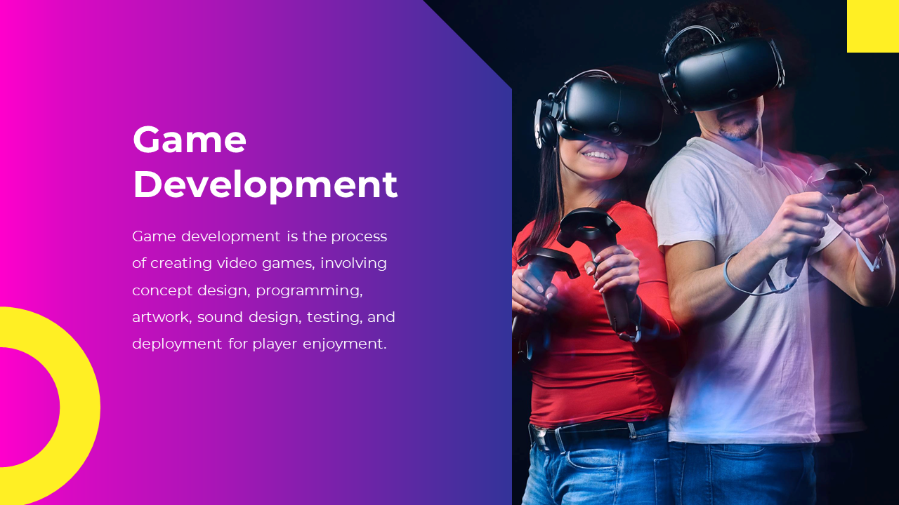 A couple playing VR games, each with a controller in hand, against a bright purple backdrop and abstract yellow elements.